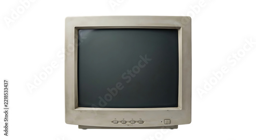 Front view of an old beige crt computer monitor with a blank dark screen isolated on a solid black background