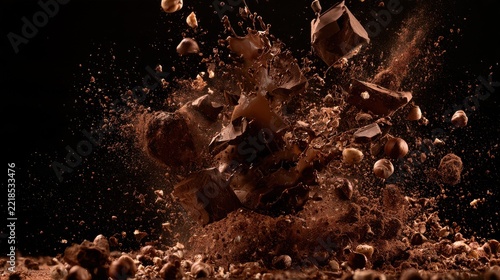 Chocolate explosion with cocoa dust and hazelnuts
