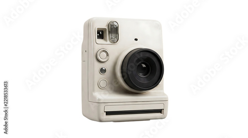 Off-white instant camera with a black lens, isolated on a solid black background, front view