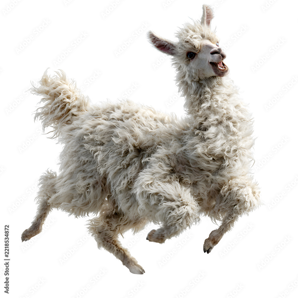 Fototapeta premium Fluffy white alpaca leaping joyfully with open mouth expressing playful energy and excitement against a clean isolated pure white studio background during bright daylight capturing dynamic motion