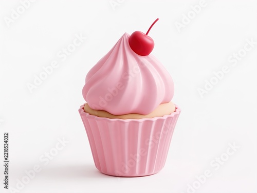 Pink Cupcake with Cherry on Top Isolated on White