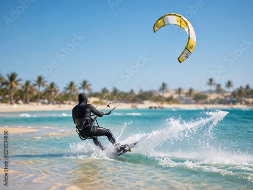 A kitesurfer in a black wetsuit riding a yellow and white kite across turquoise ocean water on a sunny day with palm trees along the sandy beach