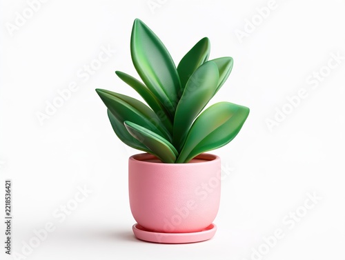 Green Houseplant in Pink Pot Isolated on White