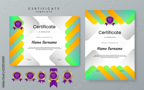 Modern professional certificate of appreciation featuring vibrant yellow and green wavy geometric shapes on a clean white background