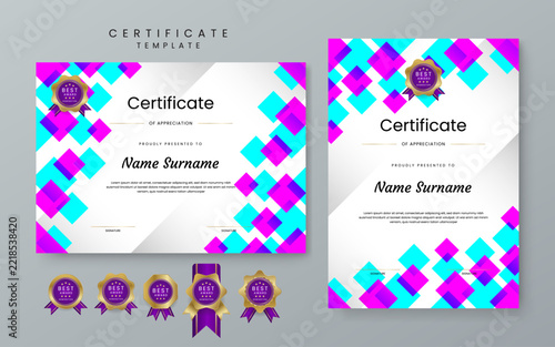 Vibrant certificate bundle featuring a digital square mosaic pattern in bright cyan and magenta colors for modern awards