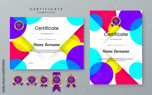 Vibrant multipurpose certificate bundle using overlapping colorful circles and geometric shapes in landscape and portrait formats