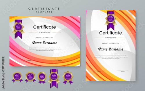Premium certificate bundle featuring fluid curved waves in orange and pink gradients including multiple gold badge seal options