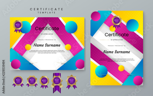 A complete set of landscape and portrait certificate templates with vibrant pink yellow and blue circular geometric patterns and gold badges