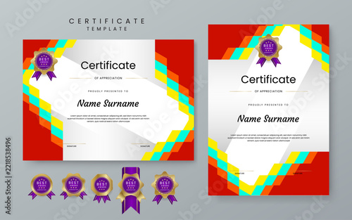 Comprehensive certificate template set featuring red block patterns and cyan geometric shapes with various gold award badges