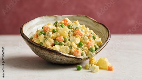 Creamy Potato Salad in Bowl. A classic potato salad with diced vegetables and herbs served in a ceramic bowl, perfect for holiday side dish and traditional comfort food concepts.