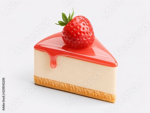 Strawberry Cheesecake Slice with Glaze on White Background