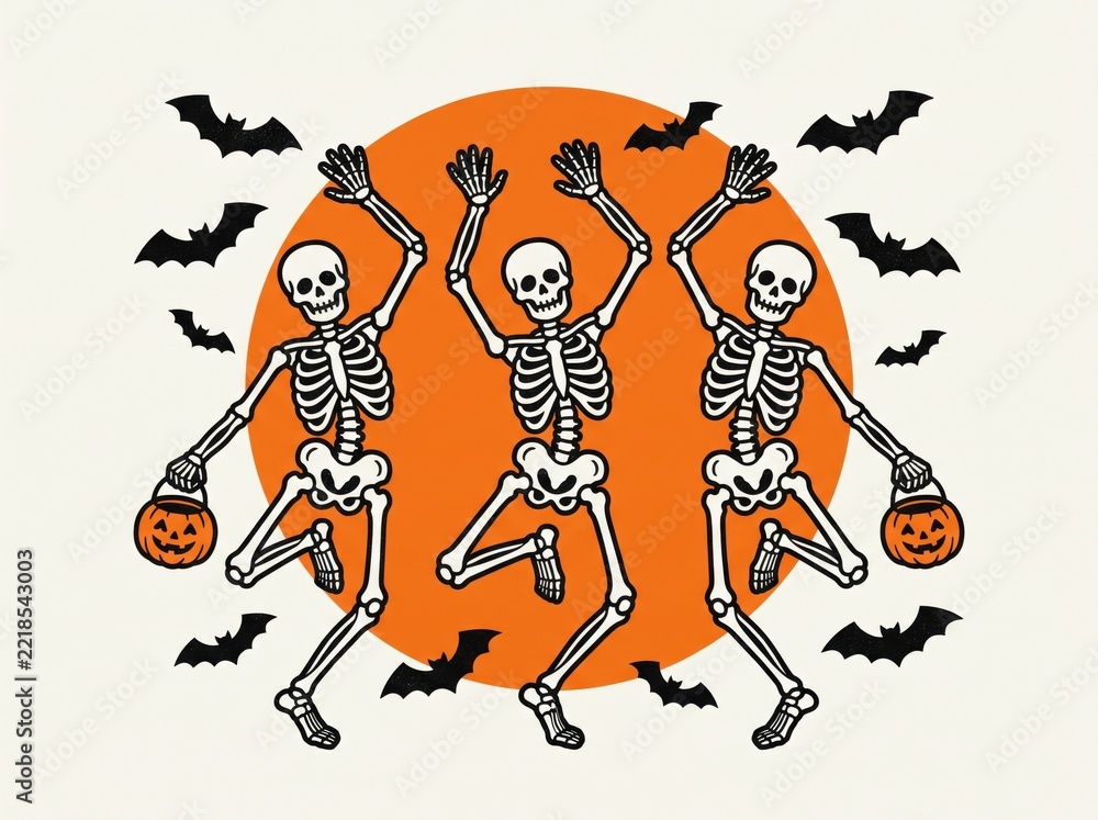 Fototapeta premium Three dancing skeletons holding carved jack o lantern buckets with flying bats and orange moon illustration for happy halloween party invitation card.