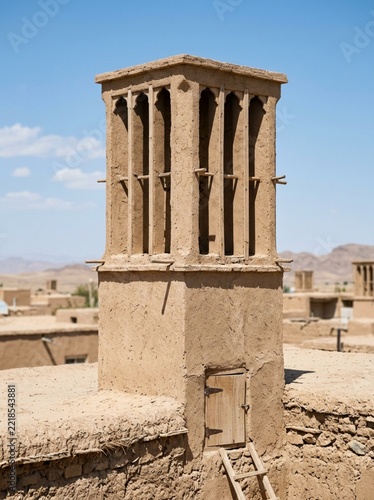 Traditional Persian Windcatcher or Badgir Tower in Yazd Iran, Ancient Sustainable Architecture for Natural Air Conditioning and Passive Cooling in Desert Climate, Historic Mud Brick Building Construct