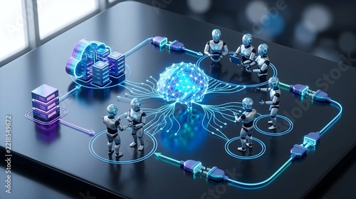 Futuristic artificial intelligence network featuring glowing robotic figures servers and cloud computing data systems on dark surface