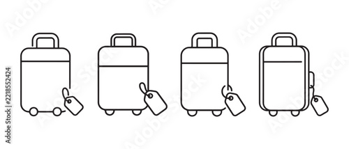 Set of four travel suitcase line icons with luggage tags for vacation trip and airport baggage check