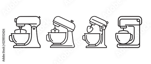 Set of stand mixer line icons for baking and kitchen appliance design elements on white background