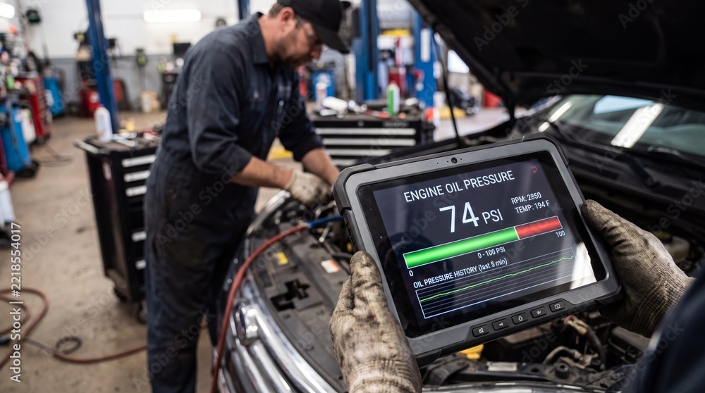 Obraz premium Automotive Technician Using Diagnostic Scanner to Check Car Engine Performance.