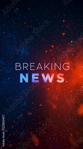 Breaking news text header displayed over dark abstract background with glowing blue and red particle clouds