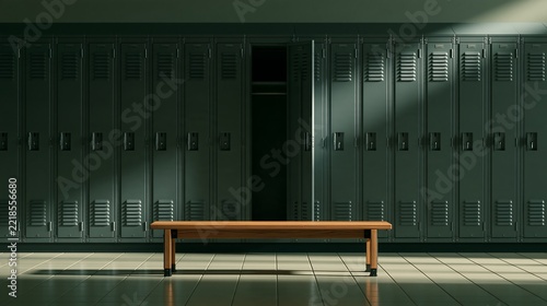 Row of metal school lockers with an open door and wooden bench isolated on transparent background. Concept for changing rooms or educational facility branding.