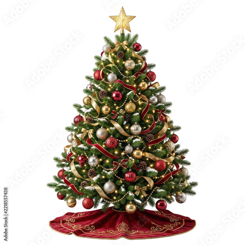 Elegant christmas tree with gold and red ornaments and skirt isolated on transparent background