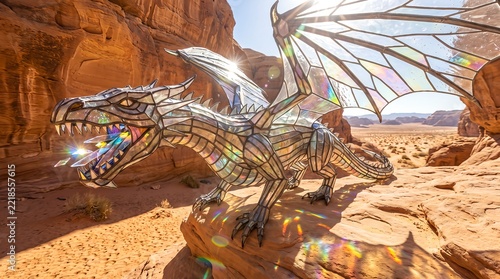Iridescent Crystal Dragon Spreading Wings in Desert Canyon