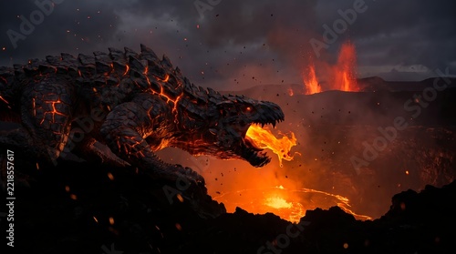 Dark Lava Dragon Breathing Fire in Volcanic Landscape