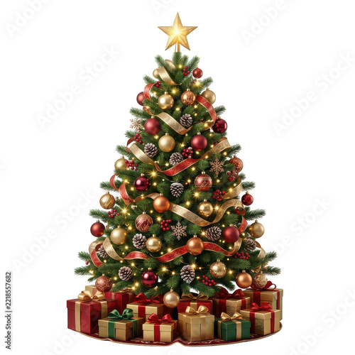 Beautifully decorated christmas tree with ornaments and wrapped gifts isolated on transparent background