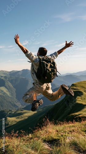 Hiker jumping with arms outstretched on a mountain peak, freedom and adventure in nature.