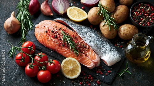 Raw salmon fillet with rosemary, lemon, tomatoes, and potatoes on a dark stone board.