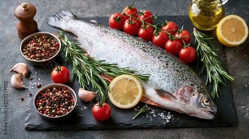 Raw whole rainbow trout with cherry tomatoes, rosemary, lemon, and peppercorns, fresh ingredients.