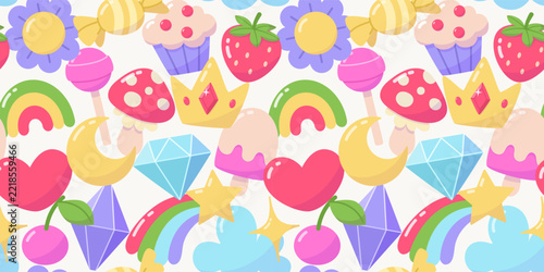 A vibrant seamless pattern with cute kawaii symbols. Cartoon, colorful print for textiles, wrappers, covers, and backgrounds. A children's template for holidays and birthdays.