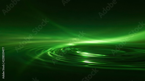 Abstract green liquid surface with ripples, glowing light waves in motion