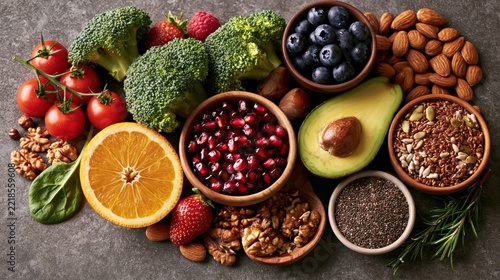 Assortment of fresh healthy food, fruits, vegetables, salmon, nuts and seeds on a dark background.