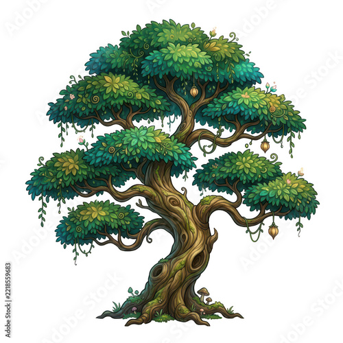 Fantasy magical tree with hanging glowing lanterns and mushrooms isolated on transparent background