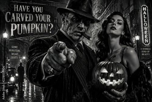 Gang-style pre-Halloween illustration with a mafia boss and his reminder message to carve a pumpkin