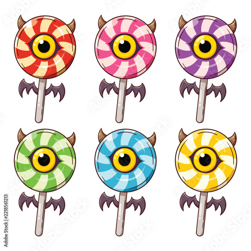 Set of colorful Scary Cartoon Swirl Lollipop Monster with Big Eyeball