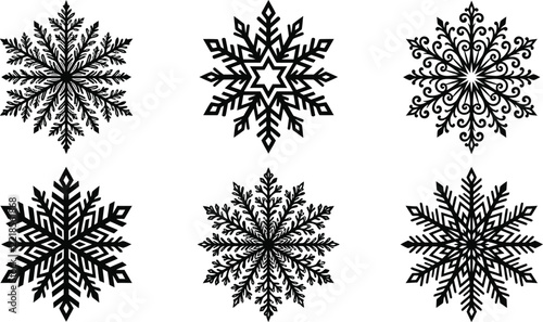 Collection of detailed black snowflake illustrations on a plain white background