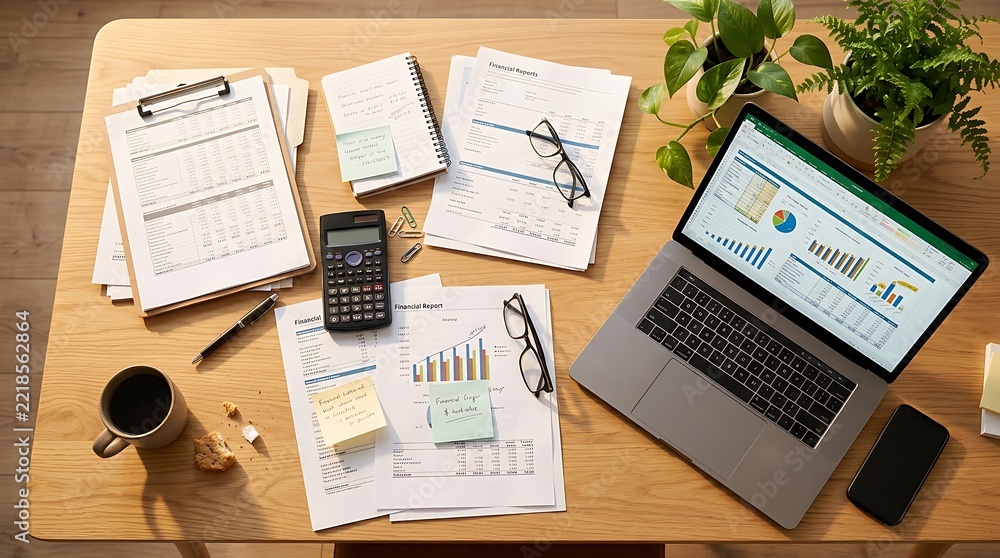 Obraz premium Laptop and business documents on a wooden office desk