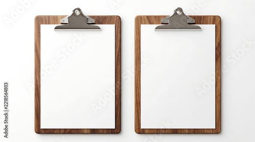 Two Wooden Clipboards Side by Side with Blank Paper Isolated on White Background