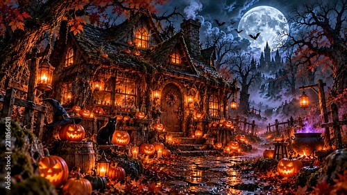 Spooky haunted house decorated for halloween with glowing jackolanterns and a full moon at night
