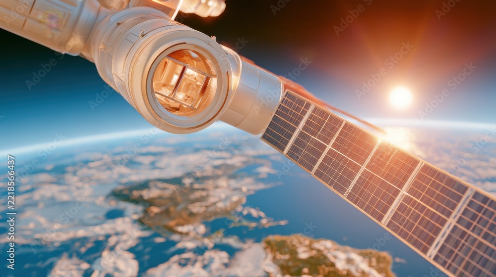Fototapeta premium Earth curve below with landmasses, cloud cover, space station module, solar array, glowing window, orbiting during sunrise, space exploration technology