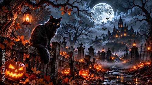 Black cat sitting on a fence with glowing jackolanterns and a gothic castle under a full moon at night