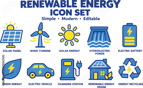 Renewable energy icon set displays solar panels wind turbines and hydroelectric power sources in a modern style alternativepower cleanenergy conservation dams eco ecological electricity emissions