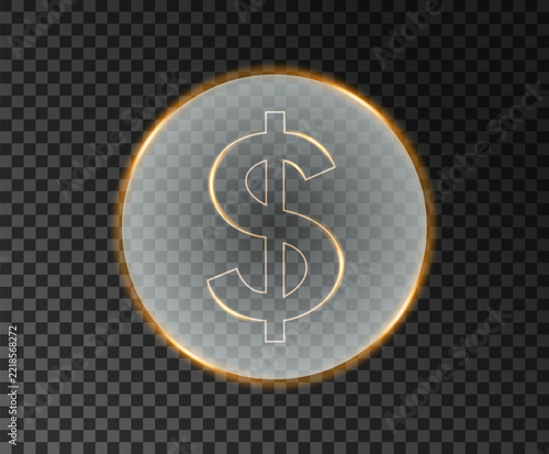 Transparent glass dollar coin with glowing golden edges and elegant financial currency symbol.