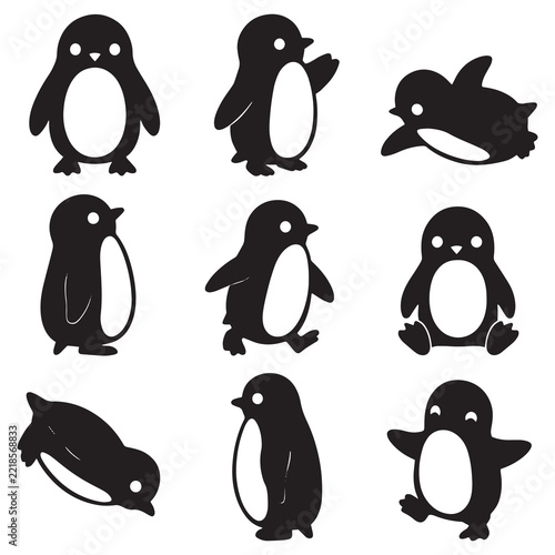 Penguin vector icons set with cute cartoon mascot and bird silhouettes isolated on white