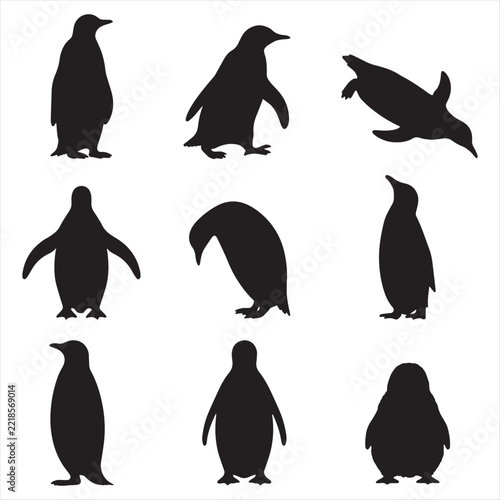 Penguin vector icons set with cute cartoon mascot and bird silhouettes isolated on white