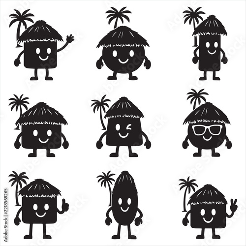 Cute cartoon tropical beach house vector icons set with palm trees isolated on white background