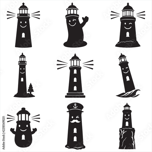 Lighthouse vector icons set for maritime navigation search safety logo isolated on white