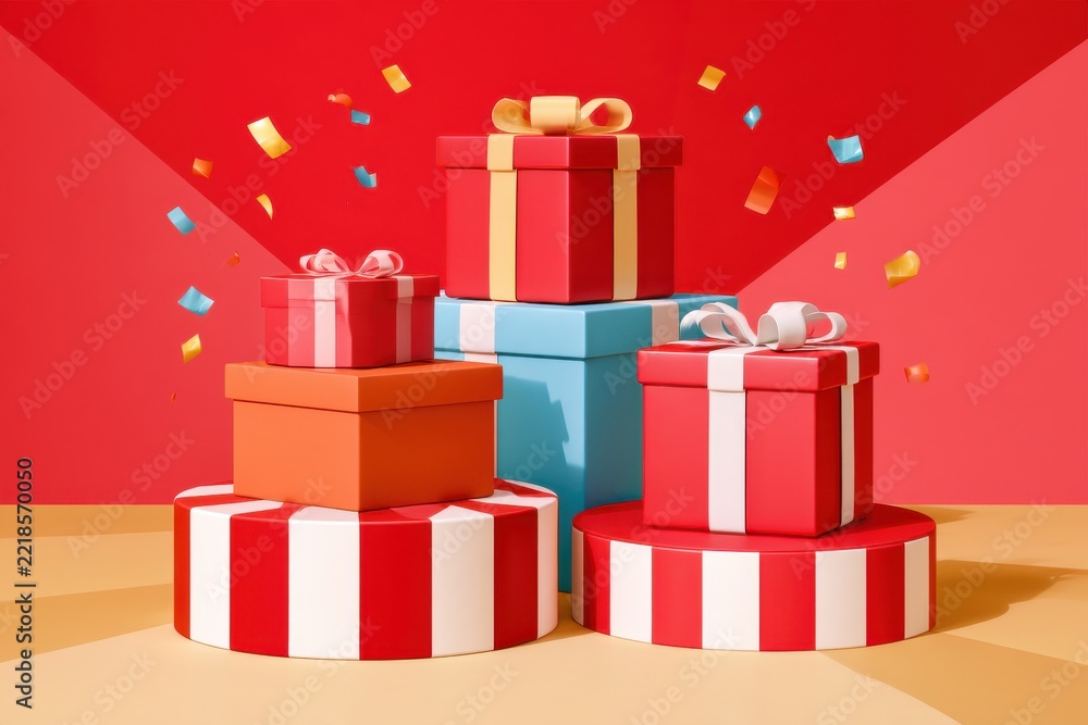 Fototapeta premium Stacked gift boxes in red, blue, orange and white with ribbons and falling confetti against red backdrop, holiday celebration concept