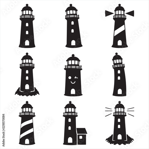 Lighthouse vector icons set for maritime navigation search safety logo isolated on white